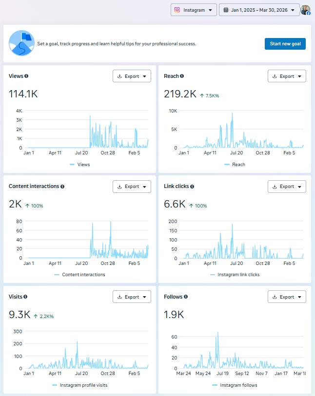 RJ Instagram analytics showing 114.1K views and 219.2K reach